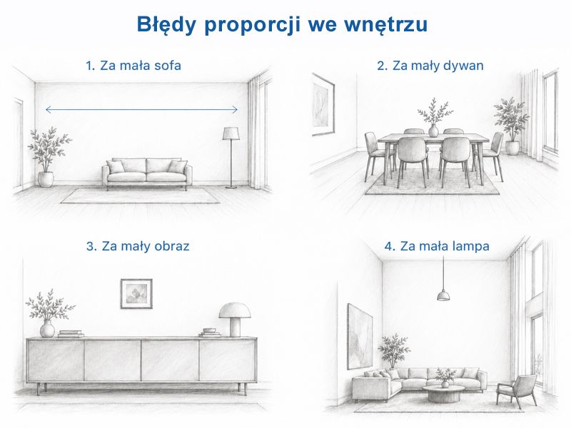 Błędy proporcji we wnętrzu - sofa, dywan, obraz i lampa