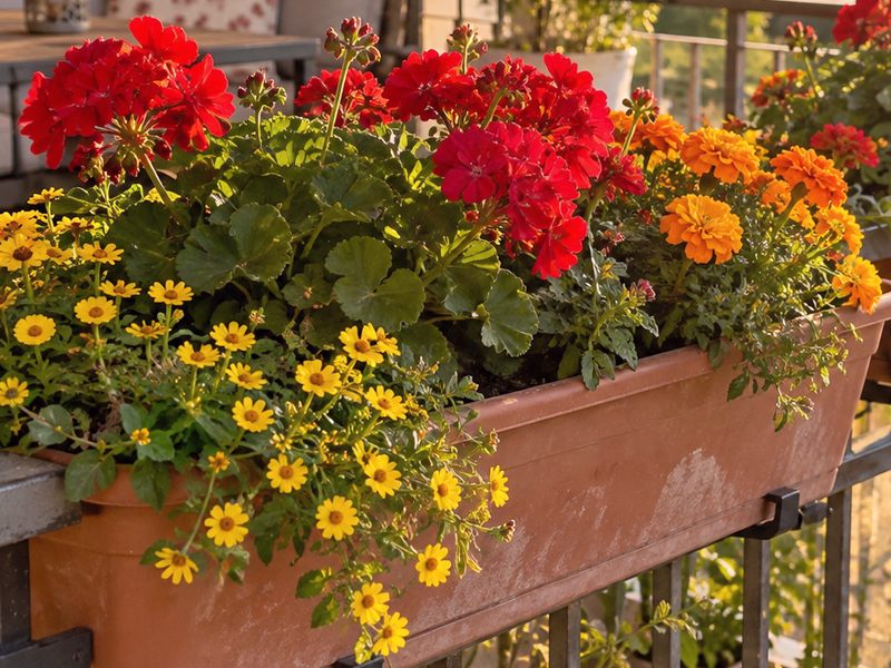Kompozycja kwiatowa na balkon zachodni z pelargonią, aksamitką i sanwitalią