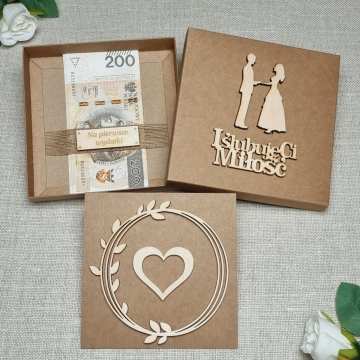 Kartka ślubna w pudełku, drewnianie dekoracje, papier kraft MP2W1W3
